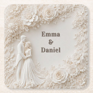 🤍 Elfenbein Hochzeit Blumen Silhouette Rahmen🤍 Rechteckiger Pappuntersetzer