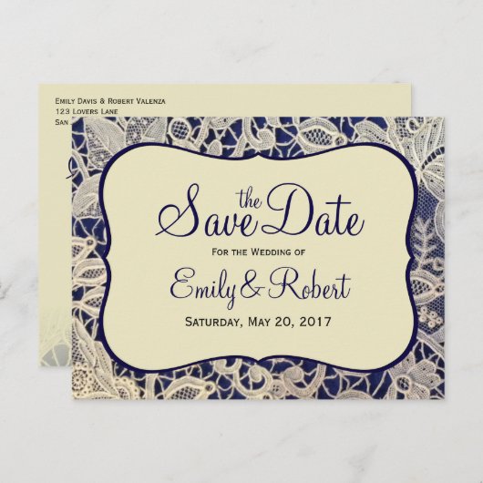 Elfenbein Lace Navy Blauer feierliche Hochzeit ret Ankündigungspostkarte (Vorne/Hinten)