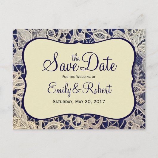 Elfenbein Lace Navy Blauer feierliche Hochzeit ret Ankündigungspostkarte (Vorderseite)