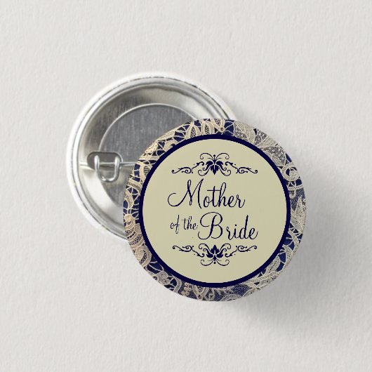Elfenbein Lace Navy Blue Wedding Mother of the Bri Button (Vorne & Hinten)