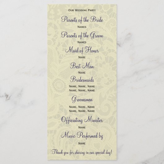 Elfenbein Lace Royal Navy Blauer feierlicher Hochz Programm (Rückseite)