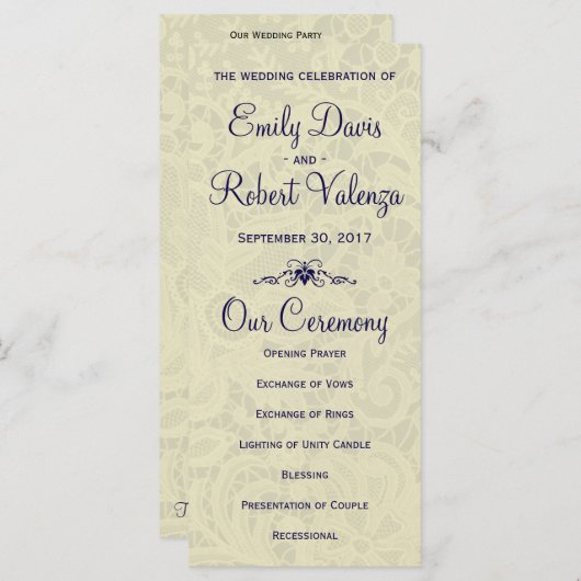 Elfenbein Lace Royal Navy Blauer feierlicher Hochz Programm (Vorne/Hinten)