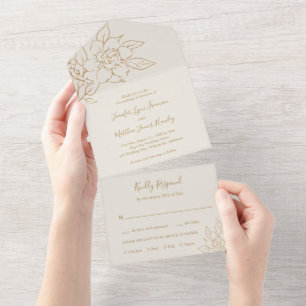 Elfenbein-Linienkunst Florale elegante Hochzeit All In One Einladung