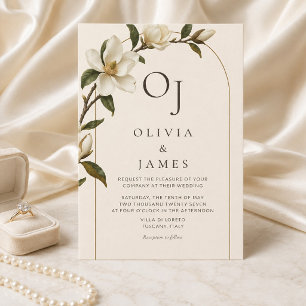 Elfenbein-Magnolie-Goldbogen-Hochzeitseinladung Einladung