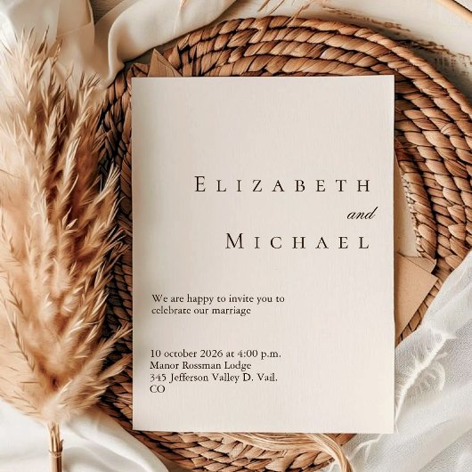 Elfenbein-Minimalist-Boho-Elegant-Script-Hochzeit Einladung