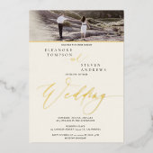 Elfenbein mit Goldschrift 2 Fotos Hochzeit Folieneinladung (Vorderseite)