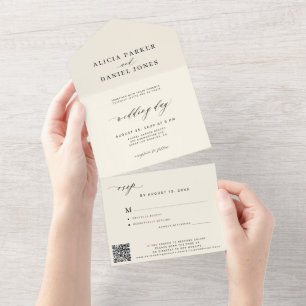 Elfenbein moderner minimalistischer Hochzeits-RSVP All In One Einladung