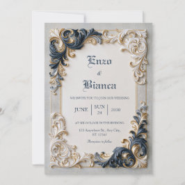 Elfenbein-Navy-Barock-Rahmen-Hochzeit Einladung