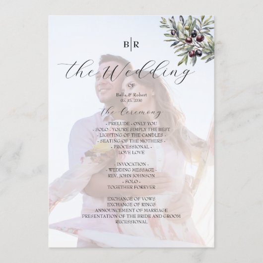 Elfenbein-Olive-Monogramm-Foto-Hochzeitsprogramm Programm (Vorderseite)