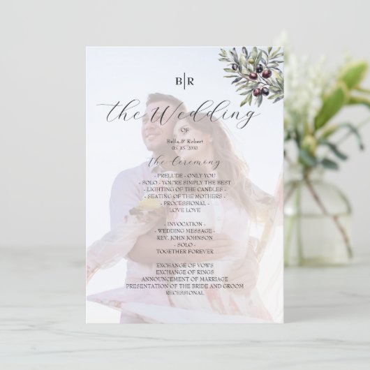 Elfenbein-Olive-Monogramm-Foto-Hochzeitsprogramm Programm (Stehend Vorderseite)