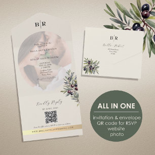 Elfenbein Oliven Foto Monogramm Hochzeit All In One Einladung