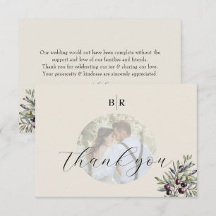 Elfenbein Oliven Foto Monogramm Hochzeit Dankeskarte