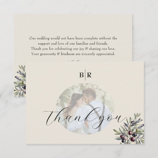 Elfenbein Oliven Foto Monogramm Hochzeit Dankeskarte (Vorne/Hinten)