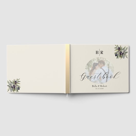 Elfenbein Oliven Foto Monogramm Hochzeit Gästebuch (Voll)