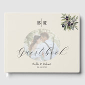 Elfenbein Oliven Foto Monogramm Hochzeit Gästebuch (Vorderseite)