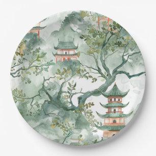 Elfenbein-Pagode-Sage-Botanik-Chinoiserie Pappteller