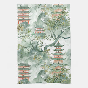 Elfenbein-Pagode-Sage-Botanische Chinoiserie Geschirrtuch