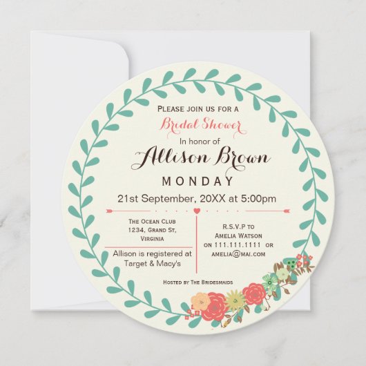 Elfenbein Pfefferminzkorallenblumenöl Brautparty l Einladung (Vorderseite)