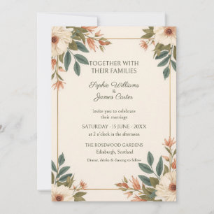 Elfenbein-Pfirsich-Wildblumen-Goldene Hochzeitsein Einladung