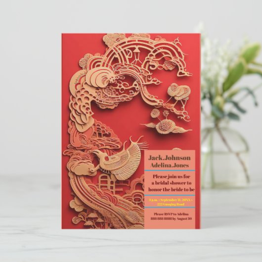 Elfenbein, Phoenix und Phoenix Tree Einladung (Stehend Vorderseite)