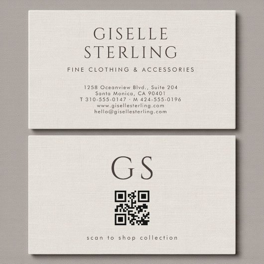 Elfenbein-QR-Code-Leinen-Luxus-Boutique-Mode Visitenkarte
