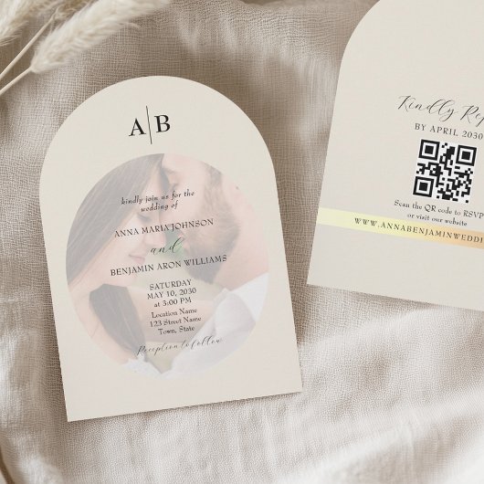 Elfenbein-QR-Code und Monogramm-Foto-Hochzeit Einladung