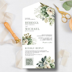 Elfenbein-Rosa-Sage-Grün-Floral-QR-Code-Hochzeit All In One Einladung
