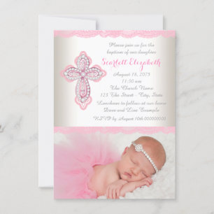 Elfenbein-Rosa-Spitzen-Diamantenkreuz-Foto-Taufe Einladung