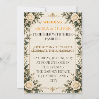Elfenbein-Rosen & Goldene Hochzeitseinladung | Vin Einladung