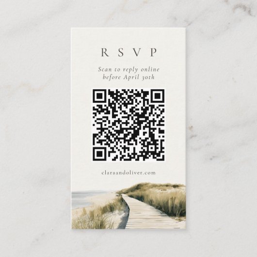 Elfenbein-Sand-Ozean-Script-Cape-Cod-QR-Code-RSVP- Begleitkarte (Vorderseite)