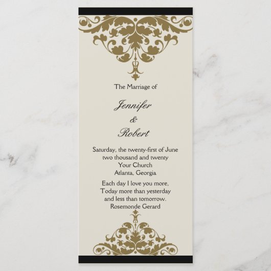 Elfenbein-Schwarz- und Gold-Damaskus-Hochzeitsprog Programm (Vorderseite)