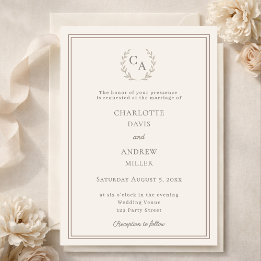 Elfenbein-Taupe-Kranz-Monogramm einfache Hochzeit  Einladung