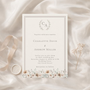 Elfenbein-Taupe-Kranz monogrammierte florale Hochz Einladung
