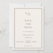 Elfenbein-Taupe-Luxus-Hochzeit mit Monogramm Save The Date (Vorderseite)