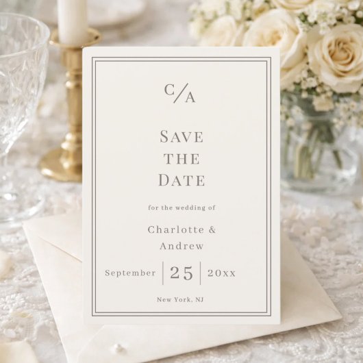 Elfenbein-Taupe-Luxus-Hochzeit mit Monogramm Save The Date
