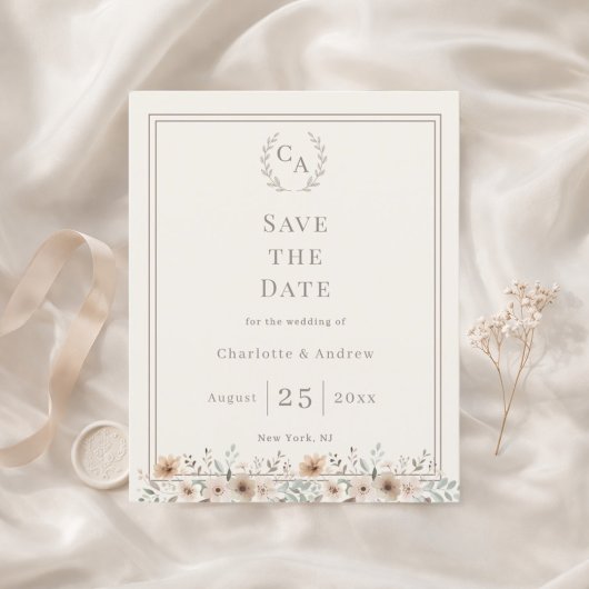 Elfenbein-Taupe-Monogramm-Floral-Hochzeit 'Save th Flyer
