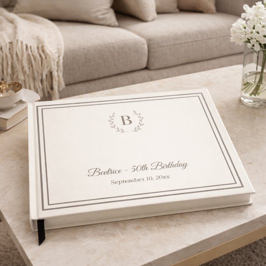 Elfenbein-Taupe-Monogramm-Geburtstag Gästebuch