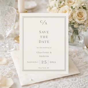 Elfenbein-Taupe-Monogramm-Hochzeit 'Save the Date' Flyer