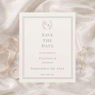 Elfenbein-Taupe-Monogramm-Hochzeit 'Save the Date' Flyer
