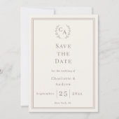 Elfenbein-Taupe-Monogramm-Kranz-Hochzeit Save The Date (Vorderseite)