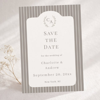 Elfenbein-Taupe-Neutrale gestreifte Hochzeit Save The Date