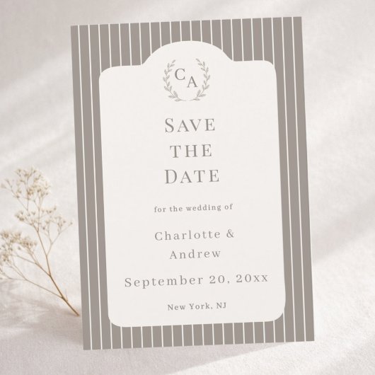 Elfenbein-Taupe-Neutrale gestreifte Hochzeit  Save The Date