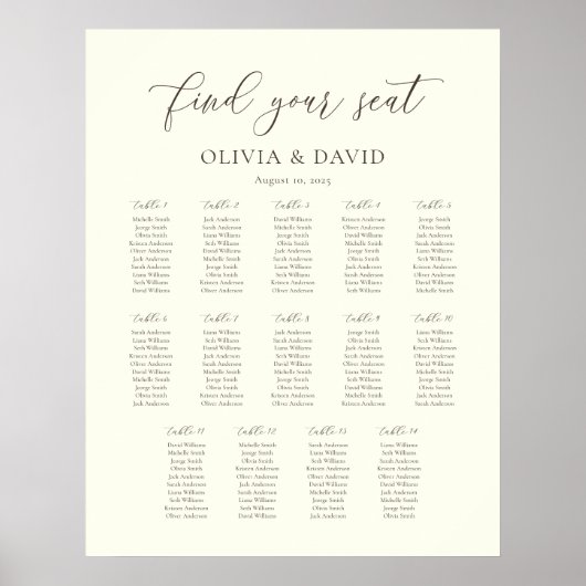 Elfenbein & Taupe Script 14 Tabelle Seating Chart Poster (Vorne)