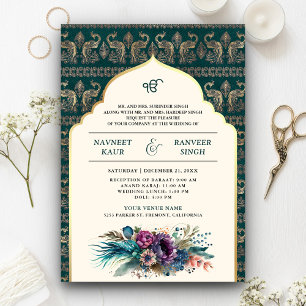 Elfenbein Teal Pfau Anand Karaj Sikh-Hochzeit Einladung