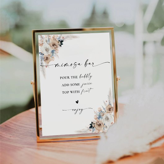Elfenbein und Blue Boho Brautparty Mimosa Bar Sign Sockelschild