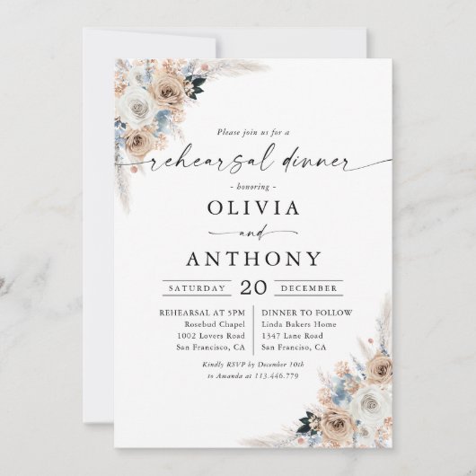 Elfenbein und Blue Boho Probe Abendessen Einladung (Vorderseite)