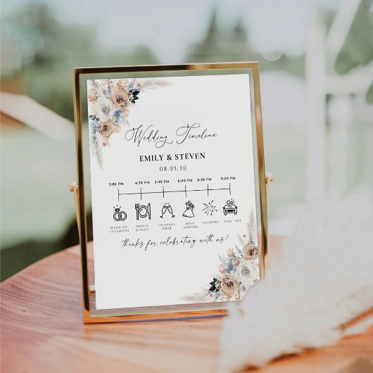 Elfenbein und Blue Boho Wedding Timeline-Zeichen Sockelschild