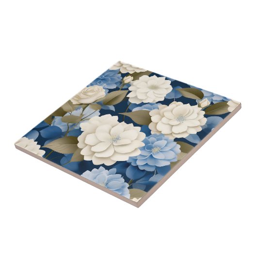 Elfenbein und Blue Hydrangea Blumenkohl Fliese (Seite)