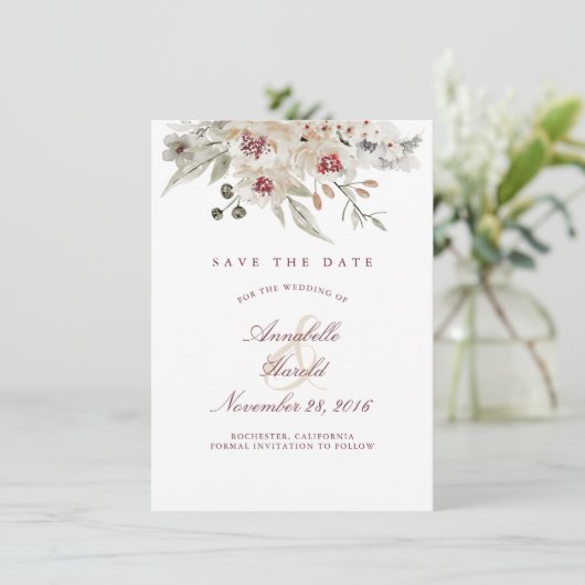 Elfenbein und Burgund Wasserfarben Floral Rettete Save The Date (Stehend Vorderseite)
