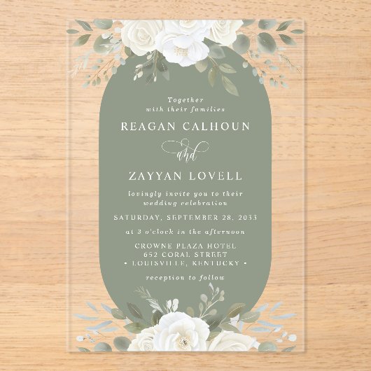 Elfenbein und Elfenbeinküche Elegante Blumenhochze Acryleinladungen (Vorderseite)